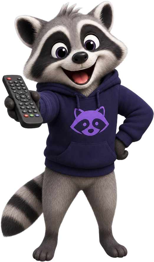 Raccoon pointing a remote at the TV