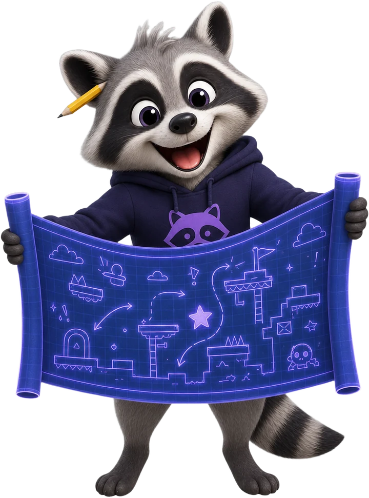 Raccoon draftsman unrolling a glowing game blueprint